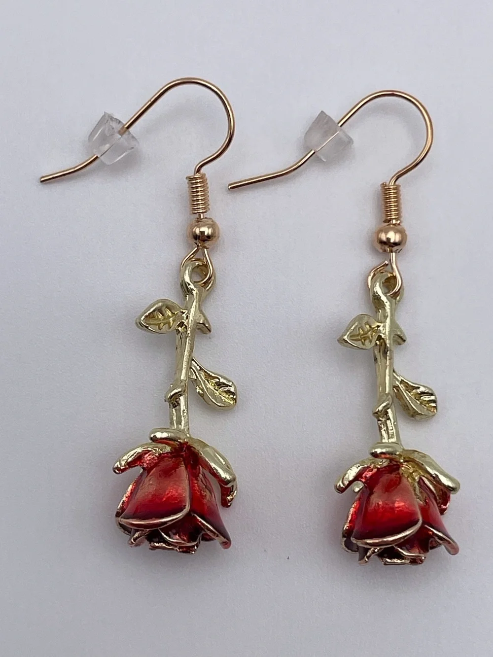 Gold Red Rose Drop Earrings